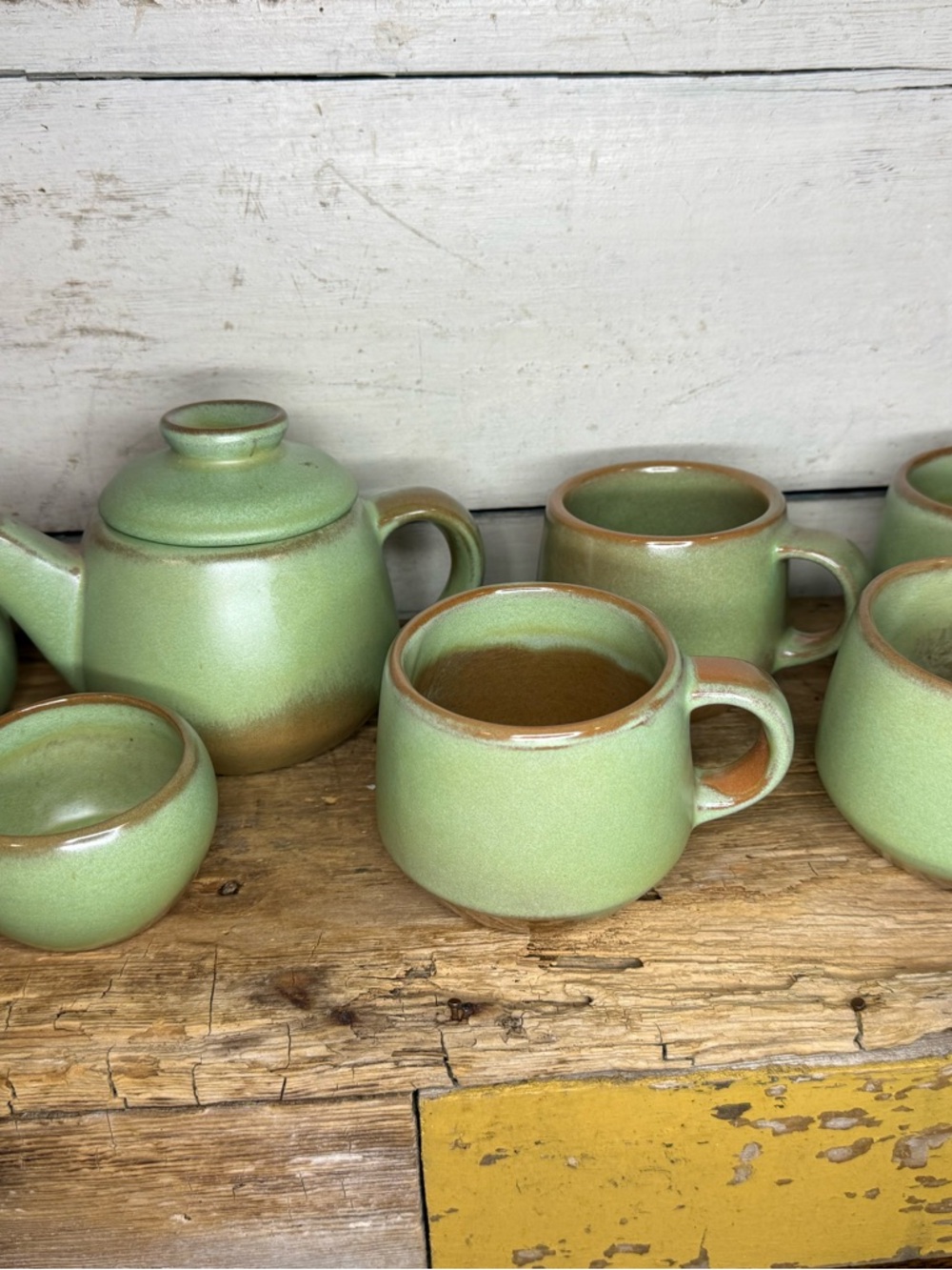 VTG FRANKOMA PLAINSMAN Green POTTERY COFFEE TEAPOT & 4 CUPS, Creamer & Sugar SET